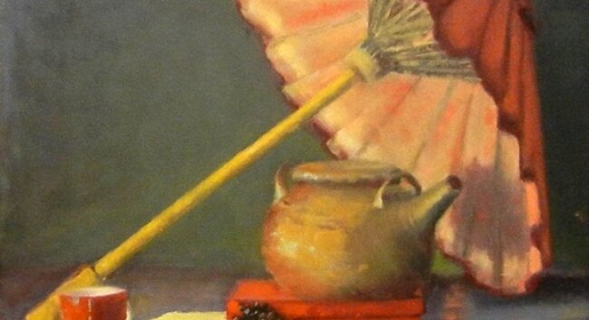 %2526quot;Umbrella and Tea Pot,” by Marsha Felter, Harrisonburg, student of Jeffrey Stockberger, oil on canvas, 24%2526quot; x 30%2526quot;
