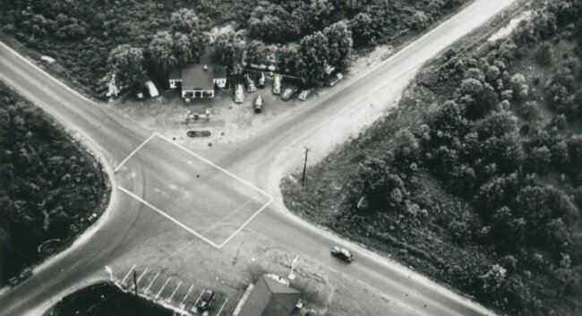 Intersection of Emmet St. and Barracks Road,  July 1948. Roseberry%2526#039;s first aerial shot, with brother, Bob, flying the plane. You can see Carroll%2526#039;s Tea Room. 