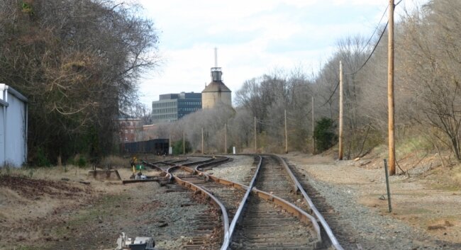 The infamous Coal Tower, as seen from the tracks on nearby Meade Avenue.