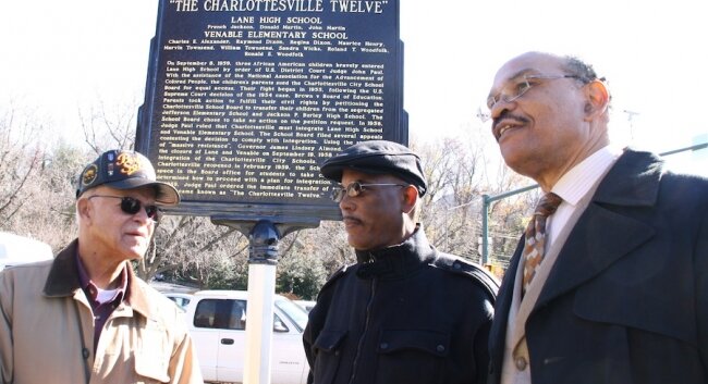 George Grady (%2526#039;54 Burley High) greets two members of the Charlottesville 12, Raymond Dixon and John Martin.