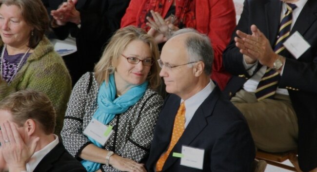 UVA president Teresa Sullivan thanked her predecessor, John Casteen, here with wife Betsy, for fostering the project.