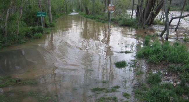 The Rivanna River overflowed its banks onto the Rivanna Trail in Riverview Park as seen at 6:17am Sunday.