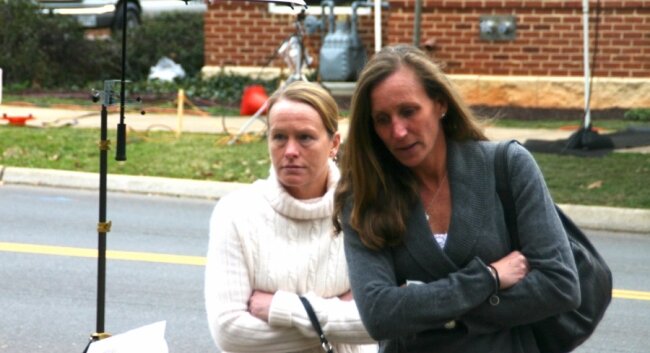 UVA women%2526#039;s lacrosse assistant coach Colleen Shearer and head coach Julie Myers arrive.
