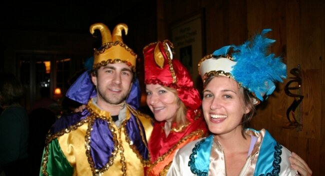 Andrew Juge, Leah Woody, and Becky Reid raid the costume rack at Fellini%2526#039;s #9.