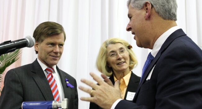 Governor McDonnell hears from Albemarle Supervisor Ann Mallek and company president George Saiz (and a Series 7000 battery-powered oscillating saw).