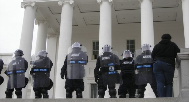 State Police in riot gear were called to help prevent unlawful assembly at the Capitol. 