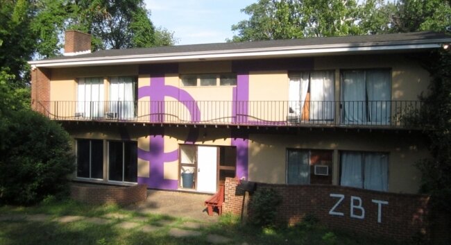 A ZBT brother adorned the building with the Phi Epsilon letters in mid-July.