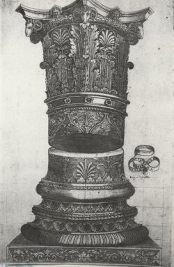 Attributed to Master G.A. with the Caltrop, Italian, active mid-16th c. Decorated Capital and Base, c.1537 Engraving, 13 x 8 7⁄8 in, 33.02 x 22.54 cm (sheet) Museum Purchase, 1984.22.2