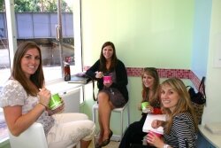UVA dietary interns Stepahnie Smith, Mary Lindsey Simpkins, Abbie Pierce, and Kayla Jester enjoying some fro-yo at the Corner%2526#039;s new place, Berry Berry.