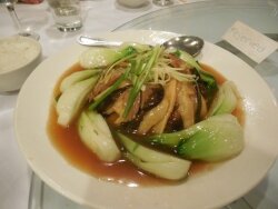 Duck breast with shiitake mushrooms and bamboo shoots.