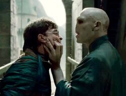 Harry Potter faces down Lord Voldemort.