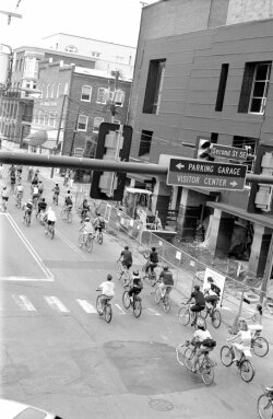 A %2526quot;Critical Mass%2526quot; of bicycles moves west on Main Street. 