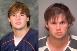 Huguely wears two different uniforms: a lacrosse player for UVA and that of an inmate at Albemarle Charlottesvlie Regional Jail.