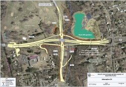 The chosen 250 Interchange design and its relationship to the Rock Hill Gardens.