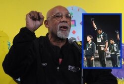 John Carlos recreates his Black Power salute after receiving an Olympic bronze medal in 1968 (inset, Carlos is on right with Tommie Smith, center).
