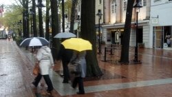 This trio of umbrella-bearers, photographed under a light drizzle at 8:49am Monday, was the most bundled of the morning%2526#039;s Downtown Mall walkers.