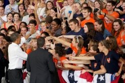 President Barack Obama greets his target audience-- UVA students.