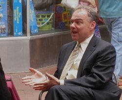 Tim Kaine chats about Biscuit Run on the Downtown Mall.