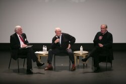 Governor Gerald Baliles, Carl Bernstein, and Bob Woodward laugh about how reporting has changed since 1972.
