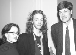 Time flies! In February 2002, current editor Courteney Stuart, left, and founding editor Hawes Spencer, right, joined pal Chris Hlad to celebrate the launch of the Hook.